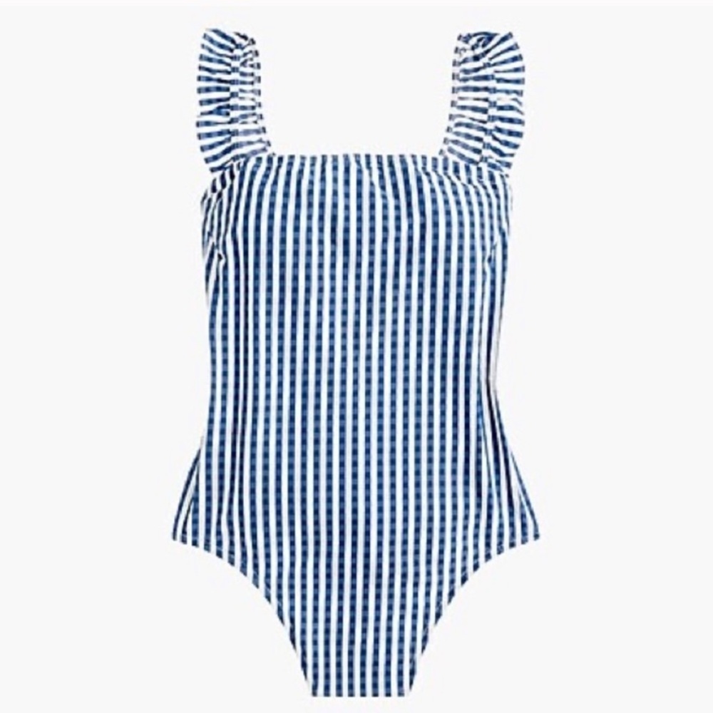 SALE J. Crew Ruffle Strap Seersucker Navy White 12